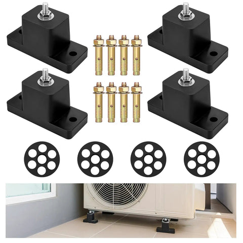Heavy Duty Anti Vibration Rubber Mounting Brackets With Eight Expansion Screws for Mini Split Air Conditioner Feet, showing four rubber mounts and screws.