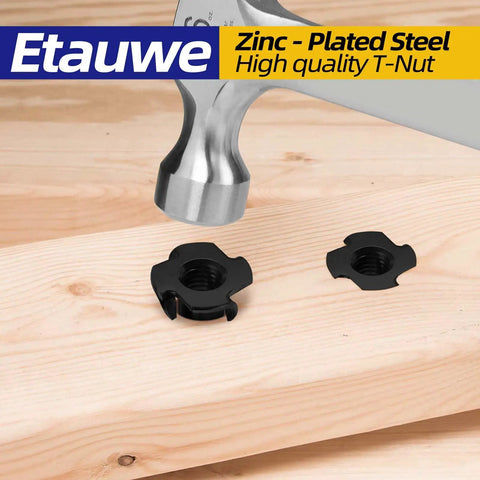 Hammer installing 5/16-18 Tee Nuts Four Pronged Black Zinc Plated Steel for wood and furniture projects on wooden surface