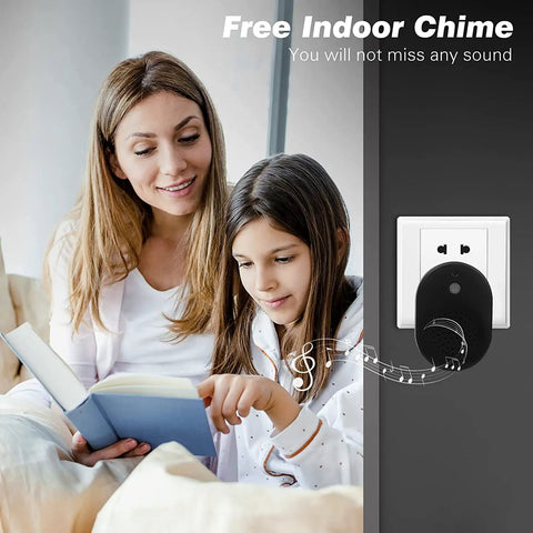 Mother and daughter reading beside a free indoor chime for Wireless Video Doorbell With Chime 1080P HD Camera, 170 Degree Wide Angle