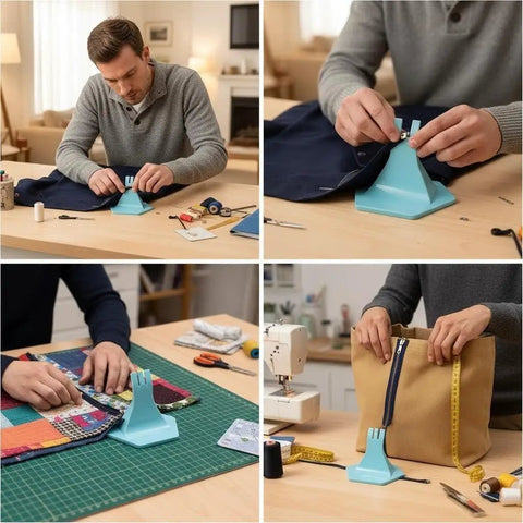 Man using Zipper Jig Tool for Easy Zip Installation Handy Third Hand Slider Guide for Three Four Point Five and Five Zipper Tapes Sewing and Repair Aid Blue in various sewing tasks