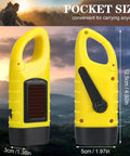 Yellow hand crank solar powered LED flashlight with dimensions, part of Six Pack Hand Crank Solar Powered Led Flashlights For Emergency Use.
