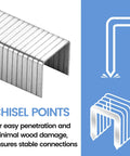 Top Shelf Heavy Duty T50 Staples For Staple Gun Quarter Inch Long Galvanized Steel Twenty Gauge Three Eighths Crown Five Thousand Pack Knockout showing chisel points design.