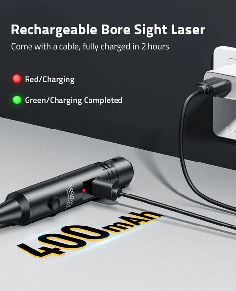 Rechargeable Bore Sight Laser Kit With 64 Adapters For Calibers From 0.17 To 12GA, charging with LED indicators and 400mAh battery
