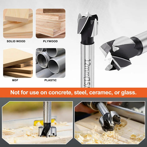 Heavy Duty Carbon Steel Forstner Drill Bit Set 15 32 Inch with 12mm head for clean wood drilling and precise cuts.