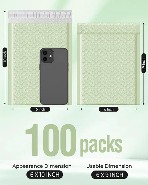 Mint Green Bubble Mailers 6x10 Outer, 6x9 Usable Size Self Seal Padded Envelopes Waterproof Bulk Mailers, 100 Pack, size diagram