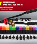 Long Reach Rivet Nut Tool With Tool Free Quick Change Head, 16-inch design, with multicolored mandrels and nuts visible.
