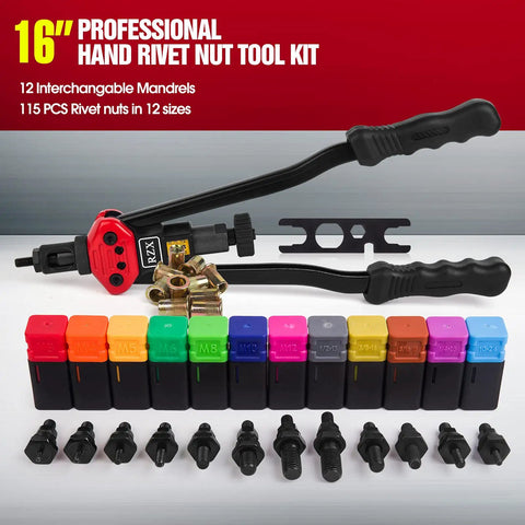 Long Reach Rivet Nut Tool With Tool Free Quick Change Head, 16-inch design, with multicolored mandrels and nuts visible.