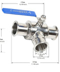 Workhorse Two Inch Tri Clamp Sanitary Ball Valve 304 Stainless Steel 3 Way T Port PTFE Lined with dimensions shown