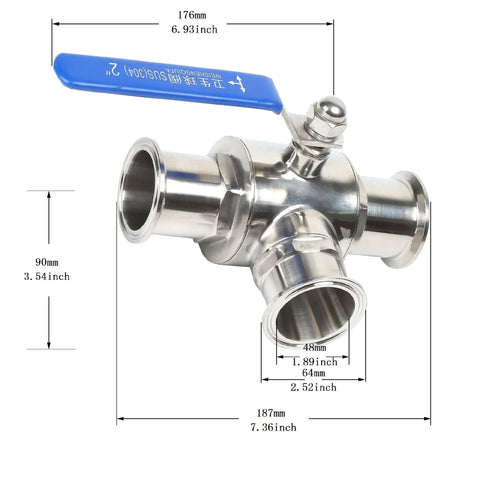 Workhorse Two Inch Tri Clamp Sanitary Ball Valve 304 Stainless Steel 3 Way T Port PTFE Lined with dimensions shown