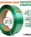 5/8 Inch Wide PET Polyester Strapping Roll, 4000 Feet Green Pallet Banding, 0.035 Inch Thick, 1400 Lbs Break Strength, 16 Inch Core