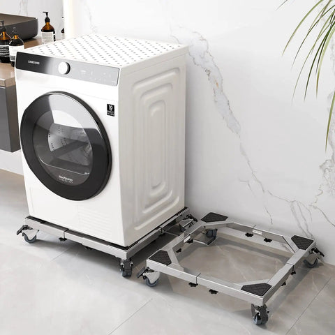 Heavy Duty All Stainless Steel Mobile Fridge Stand Base With Wheels For Washer Refrigerator And Dryer Adjustable Furniture Dolly From 16 To 26 3 8 Inches Easy To Move Sturdy Rolls Smoothly under washer in laundry room.