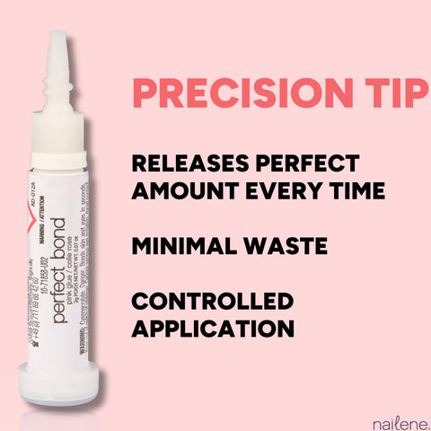 Perfect Bond Nail Glue For Natural And Artificial Nails with precision tip, 0.07 oz tube, pink tint, minimal waste