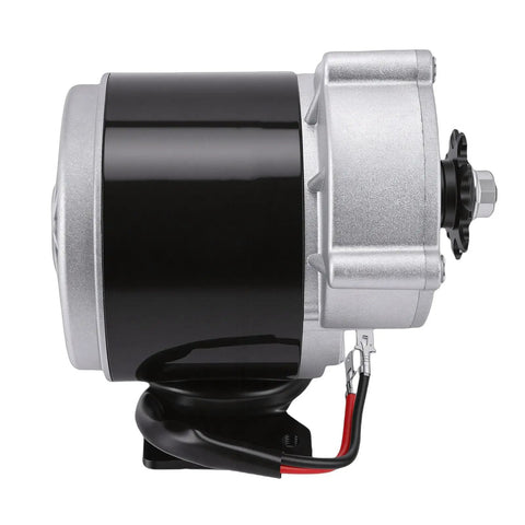 Side view of Beefed Up Gear Reduction Electric Motor Kit 12V 500W showing black and silver casing with wires for scooters bikes.