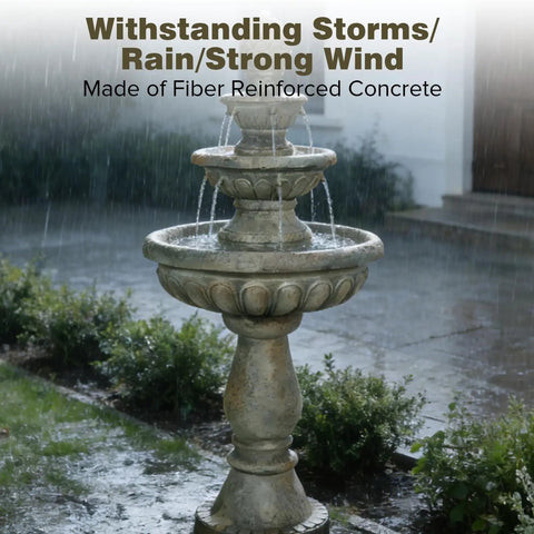 42.5 Inch Outdoor Water Fountain With 3 Tier Cascading Waterfall in rain, fiber reinforced concrete for garden decor
