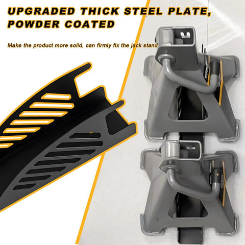 Two Pack Wall Mount Jack Stand Organizer For 2 And 3 Ton Jacks, showing heavy-duty metal rack and powder-coated steel plate in use