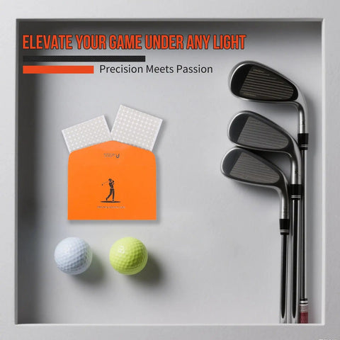 Golf clubs, balls, and 0.25 Inch Reflective Dot Stickers For Golf Launch Monitors, 300 High Reflective Glass Bead Dots displayed