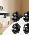 Heavy Duty Self Adhesive Furniture Caster Set features black hexagonal wheels for furniture glide, 360-degree swivel design.