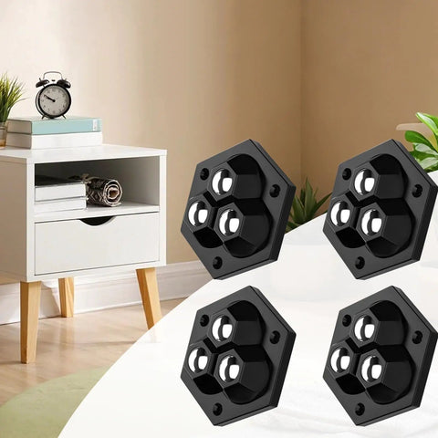 Heavy Duty Self Adhesive Furniture Caster Set features black hexagonal wheels for furniture glide, 360-degree swivel design.