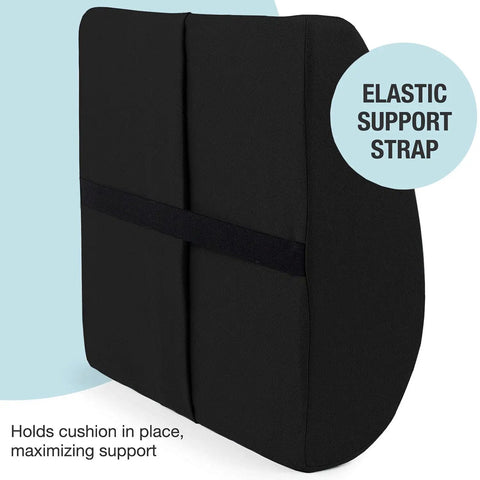 Premium Lumbar Support Pillow For Chair With Ergonomic Contoured Foam Insert Designed To Ease Lower Back Pain And Improve Posture, featuring elastic support strap.