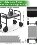 Three In One Rollin Garden Stool With 360 Degree Wheels Foldable Kneeler And Seat Extendable Legs Thick Cushioned Pad And Built In Tool Pouches Heavy Duty Garden Bench For Seniors Converts From Kneeler To Cart To Stand Up Seat with measurements and features displayed.