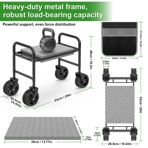 Three In One Rollin Garden Stool With 360 Degree Wheels Foldable Kneeler And Seat Extendable Legs Thick Cushioned Pad And Built In Tool Pouches Heavy Duty Garden Bench For Seniors Converts From Kneeler To Cart To Stand Up Seat with measurements and features displayed.
