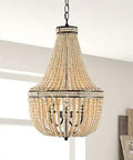 Modern Farmhouse Wood Beaded Chandelier Three Light Boho Ceiling Pendant Lighting Fixture with ivory beads and black frame