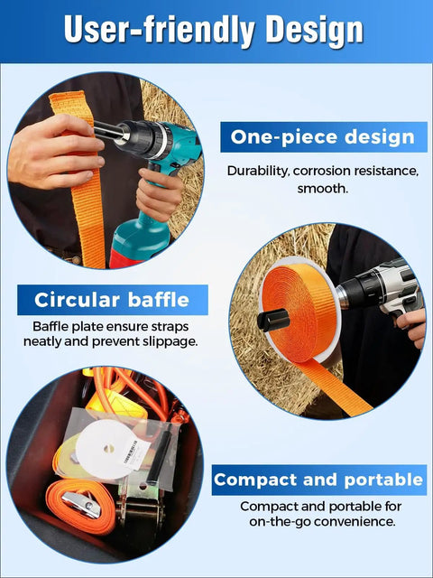 Ratchet Strap Winder Drill Attachment For Quick Tie Downs No Mess High Efficiency Strap Roller Organizer For Flatbeds Trailers Warehouses Garages Reduces Downtime And Hand Fatigue 1 Pack showing integration with drill and coiled straps