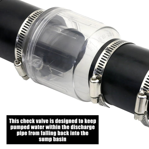 1-1/2 inch sump pump check valve with clear housing and metal hose clamps on a black discharge pipe
