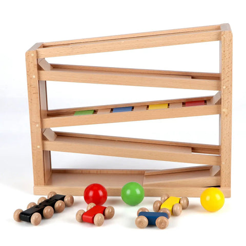 Wooden Race Track Ramp Toy For Toddlers 5 Level Car Ramp Set With 4 Wood Cars And 3 Balls No Assembly Durable Building Toy