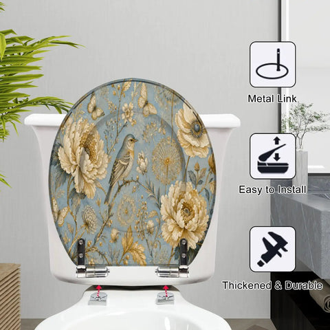 Round Luxury ornate for creating textiles paper Print gold Toilet Seat featuring floral design and bird, sturdy resin construction.