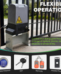 Beefy 750W Automatic Sliding Gate Opener Kit With App Control showing motor, keys, remote controls, gate and wireless keypad