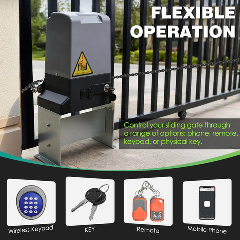 Beefy 750W Automatic Sliding Gate Opener Kit With App Control showing motor, keys, remote controls, gate and wireless keypad