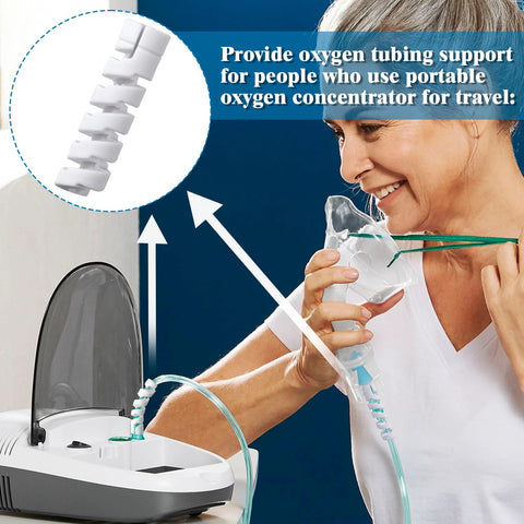 Lekgavd oxygen tube support crimp straightener with 360-degree connectors and nasal cannula, installed view.