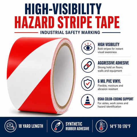 Knockout Black And Yellow Hazard Stripe Tape For Floor Marking Hella Visible Safety Warning Roll with red and white stripes for safety.