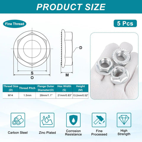 Heavy Duty M14x1.5 Serrated Flange Hex Lock Nuts 5 Pack Zinc Plated Carbon Steel Non Slip Fasteners For Machinery Industrial Diy Use Tough Grip For Secure Machinery Assembly