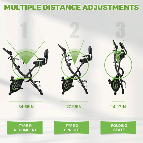 Crush Your Cardio Game On This Smooth Five In One Folding Exercise Bike showing multiple distance adjustments and folding states.