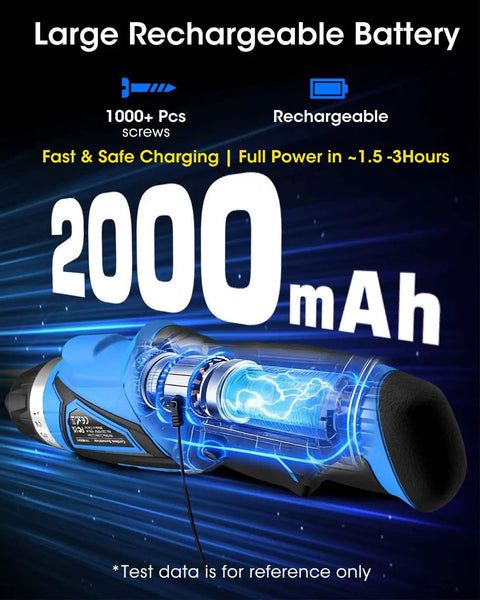 Heavy Duty 8V Cordless Electric Screwdriver Delivering 10 Nm Peak Torque And 11 Precision Speeds, featuring 2000mAh rechargeable battery and charging details.