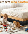 Hella Durable Under Bed Blocker And Pet Barrier With Solid Resin Build For Furniture Skirting Toy Stopping Along Baseboards Room Divider Dust Shield Home Organization Setup, child playing with toys near cat and underbed barrier.