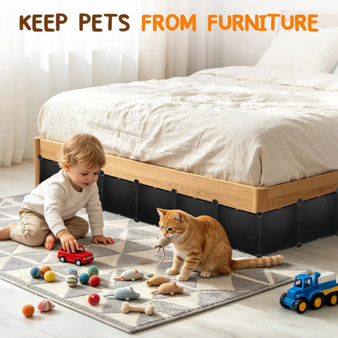 Hella Durable Under Bed Blocker And Pet Barrier With Solid Resin Build For Furniture Skirting Toy Stopping Along Baseboards Room Divider Dust Shield Home Organization Setup, child playing with toys near cat and underbed barrier.