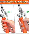 Close-up of hand operating All Metal 44 Inch Replacement Sprayer Wand For Garden Hose With Brass Connector in on/off positions