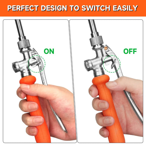 Close-up of hand operating All Metal 44 Inch Replacement Sprayer Wand For Garden Hose With Brass Connector in on/off positions
