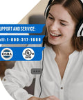 Customer support representative with headset providing help and service information.
