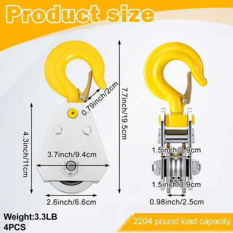 4 Pack 1 Ton Swivel Pulley Hook Heavy Duty Snatch Block Set With 360 Degree Rotation And Dual Bearings For Five Eighths Inch Wire Rope Hoisting And Construction Lifts, yellow hook size view