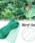 Green bird netting covering plants, with a visible bird trying to fly through. Bundle of netting shown separately.