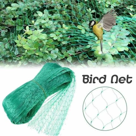 Green bird netting covering plants, with a visible bird trying to fly through. Bundle of netting shown separately.