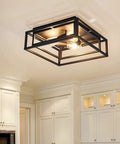 Black 3 Light Flush Mount Ceiling Fixture With Industrial Metal Style in kitchen, E26 base, 60W max, close to ceiling.