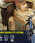 Carpenter working on wood bench with Wall Mount Angle Grinder Holder For 5 Inch Grinders Polisher Cutter Vertical Tool Hanger Bracket displayed.