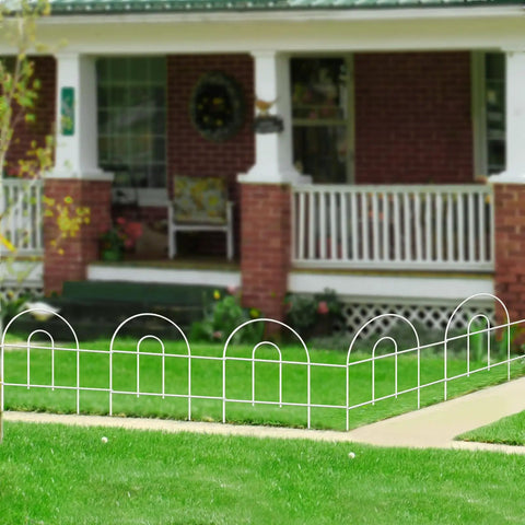 White Garden Fence Border 18 Inch High 50 Feet Long Foldable Metal Wire Panel Fencing installed in front yard