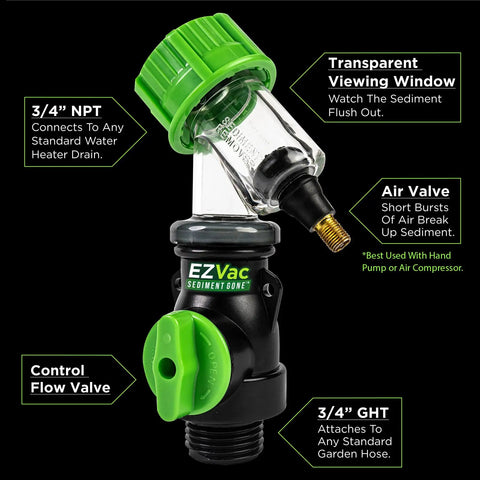 Water Heater Sediment Removal Tool Kit for Electric and Gas Heaters, Easy DIY Flush, control valve with transparent window.