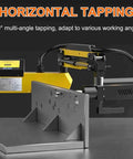 Heavy Duty Electric Tapping Machine With 600RPM Speed And 1000MM Flexible Arm For Kickass Steel Threading No Sweat Adjustments With Smart Touch Screen And M3 To M16 Collets Built Legit, showing 360° multi-angle tapping on a metal workpiece.